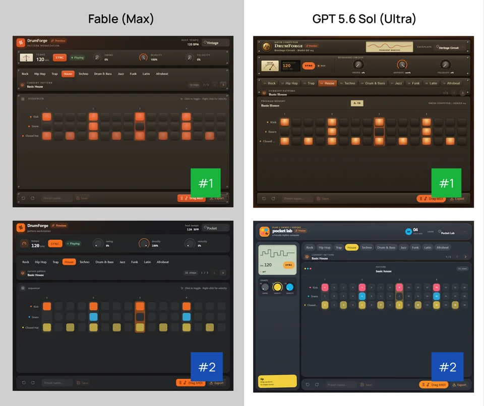 Side-by-side comparison of Fable and GPT 5.6 Sol interface designs