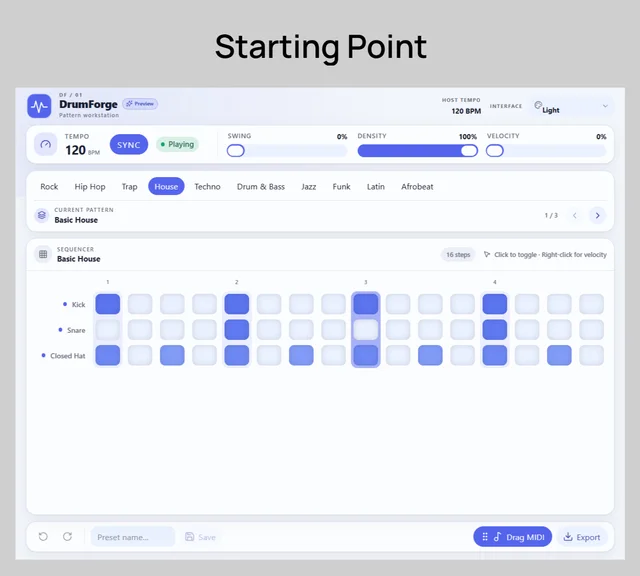 Light-themed DrumForge sequencer used as the shared starting point