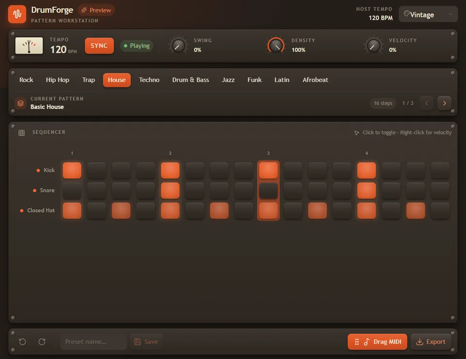 Vintage drum sequencer interface with orange controls and step pattern